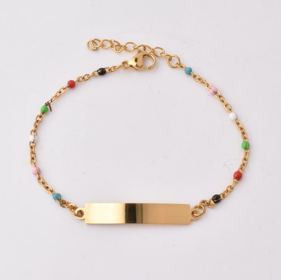 Fashion New Stainless Steel 14K Gold Custom Logo and Name Design Bar Bracelet Beaded Chain Bracelet for Women
