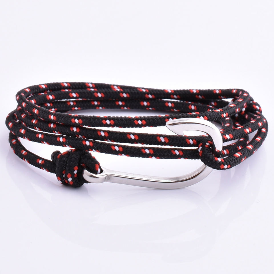 Stainless Steel Hook Charms Women Black Red Nylon Cord Adjustable Bracelet