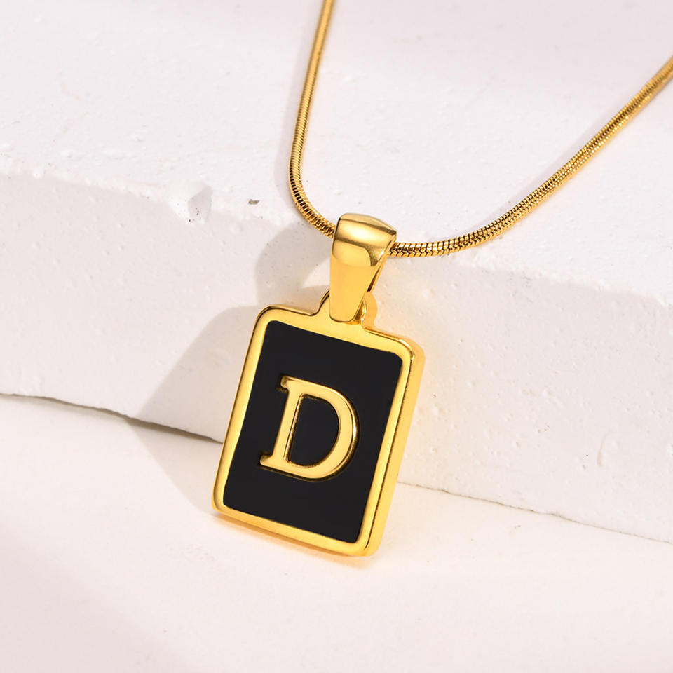 Custom Name 18K Gold Stainless Steel Letter A-Z Initial Necklace Women's Black Square Letter Pendant Jewelry