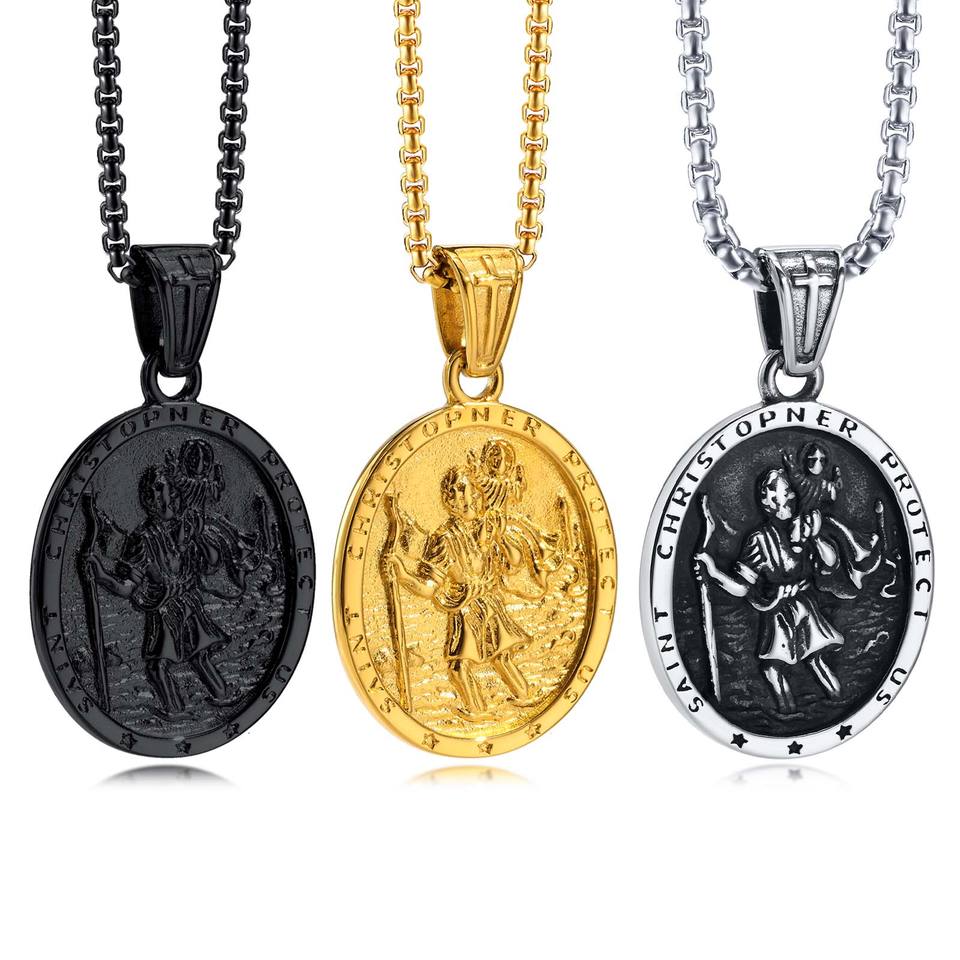 Fashion jewelry gold plated stainless steel St. Christopher Oval pendant necklace jewelry for men