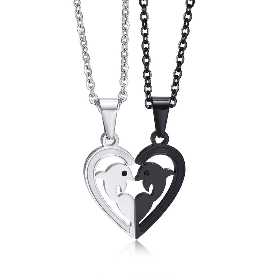Wholesale pvd gold plated stainless steel dolphin lovers puzzle necklace 2023 stainless steel lovers necklace