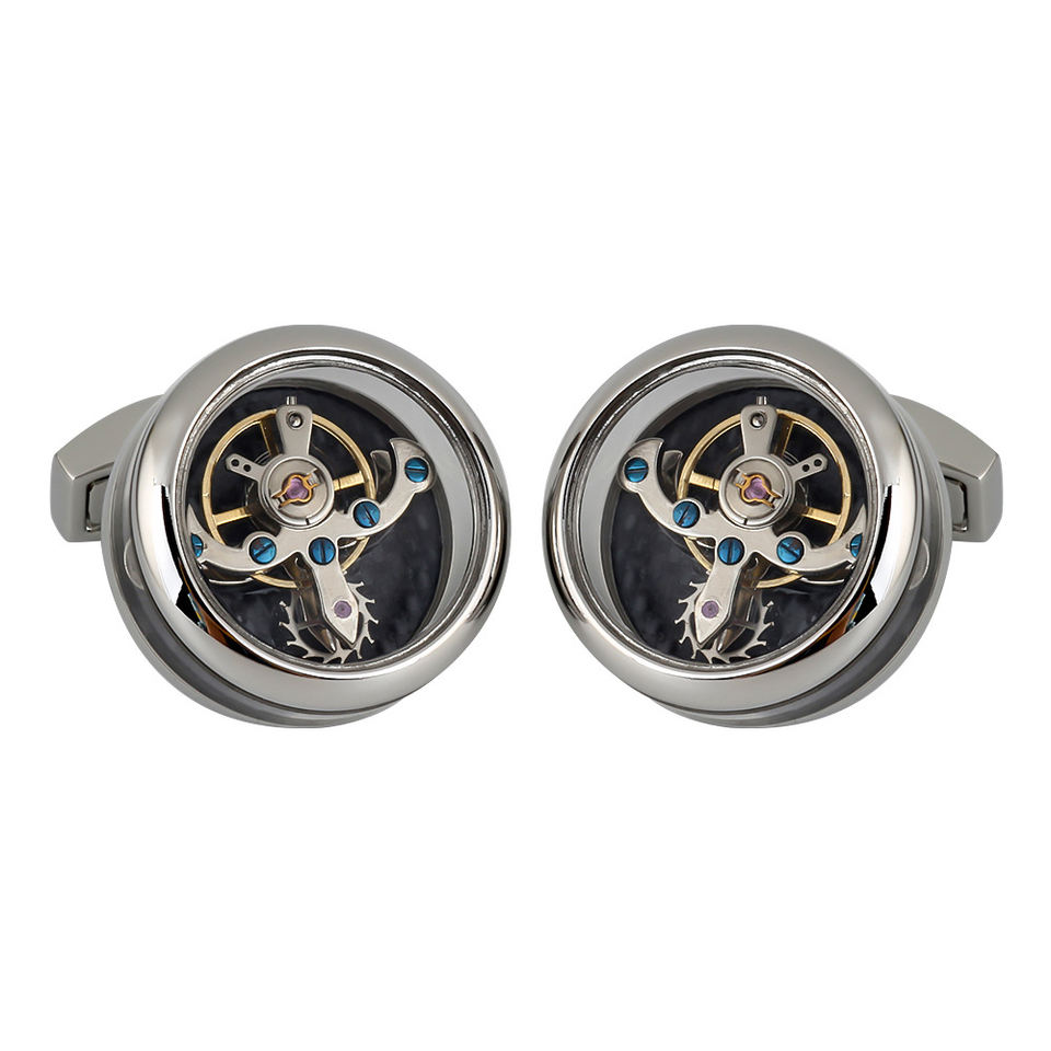 Transparent Tourbillon Cufflinks Gold Movement Balance Wheel Skeleton Design Functional Cufflinks