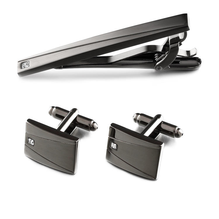 Brand New Black Tie Clip Set Sublimation Initial Gift Stainless Steel Stone Cufflink For Wedding