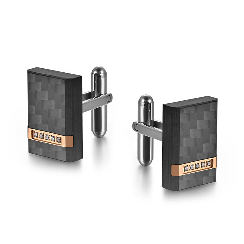 Men's Cufflinks Handcrafted Carbon Fiber Rose Gold Plated Cuff Links With Diamond