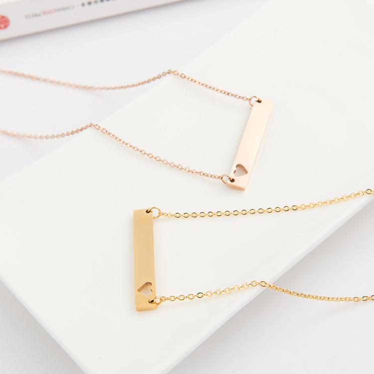 Custom Fashion Diy Necklace Stainless Steel Rectangle Pendant Straight Bar Heart Necklace