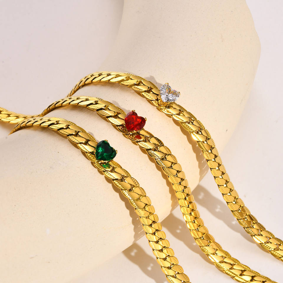 Fashion Cuban Chain Necklace with Green Gemstone Zircon Gold 18K Plated Stainless Steel Cuban Necklace for Women