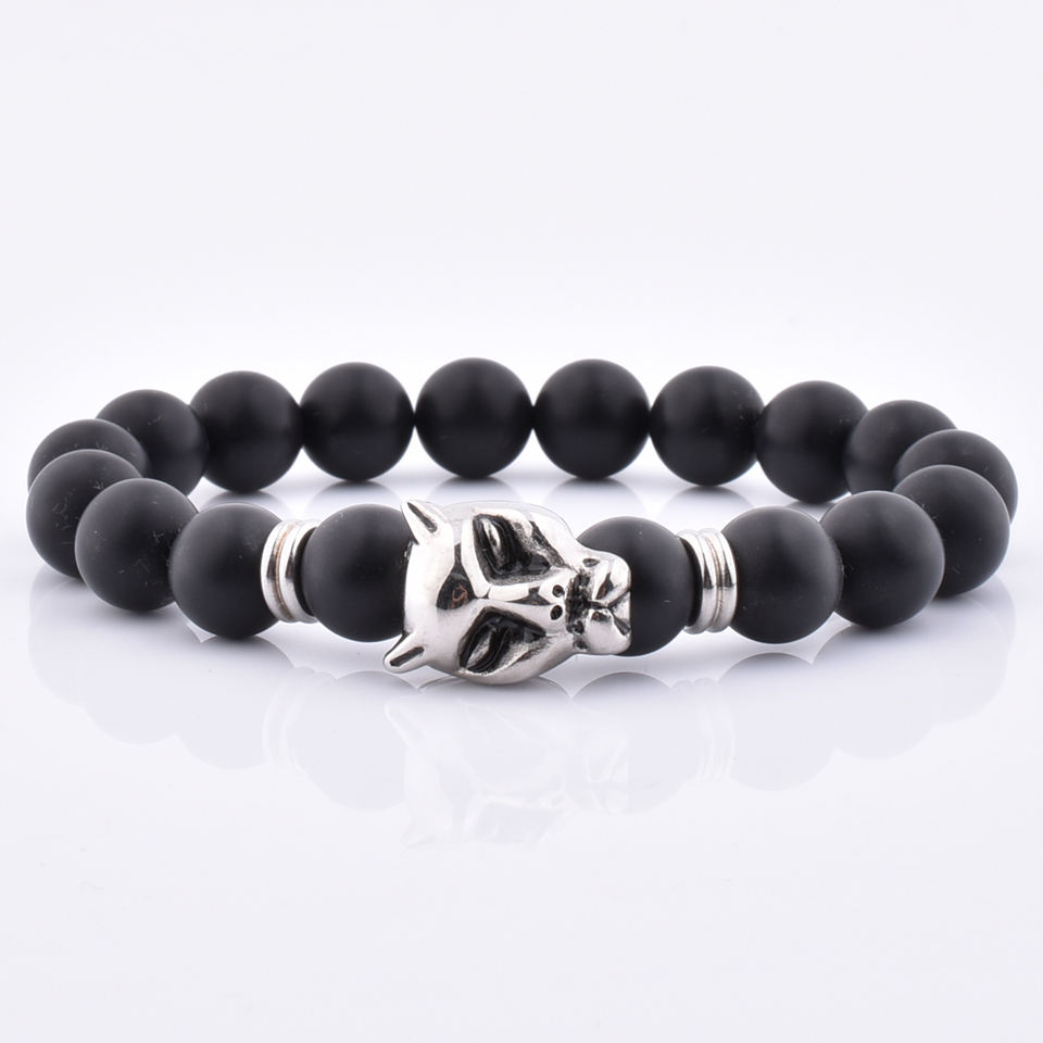 Factory Wholesale Titanium Leopard Charm Stretchable Oem Man 10Mm Natural Onxy Spacer Bead Bracelet