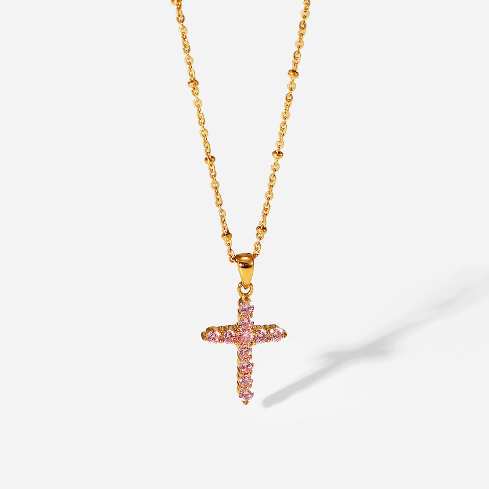 Popular Necklace 18K Gold-Plated Stainless Steel Pink Zircon Cross Pendant Female Necklace