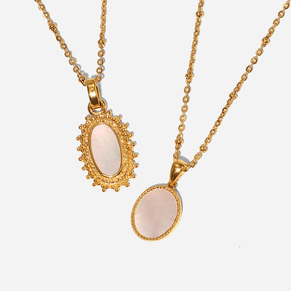 Vintage Embossed Oval White Shell Pendant Necklace Stainless Steel Women's Necklace