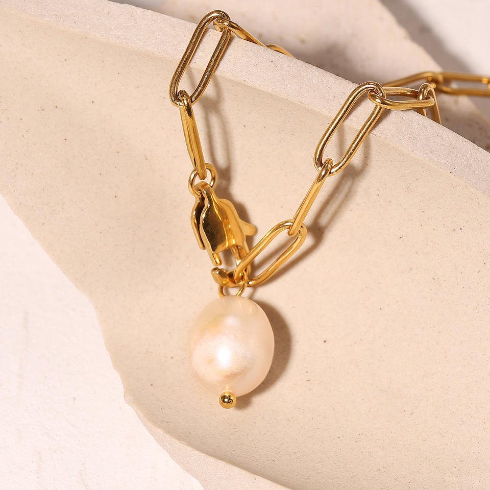 Custom Miss Jewelry Stainless Steel Paper Clip Chain Y-Shaped Freshwater Pearl Pendant Women's Necklace
