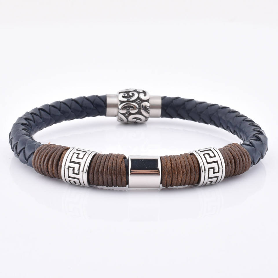 Popular Nature Black Mens Leather Strap Wristband Blank Tube Clasp Leather Braid Bracelet