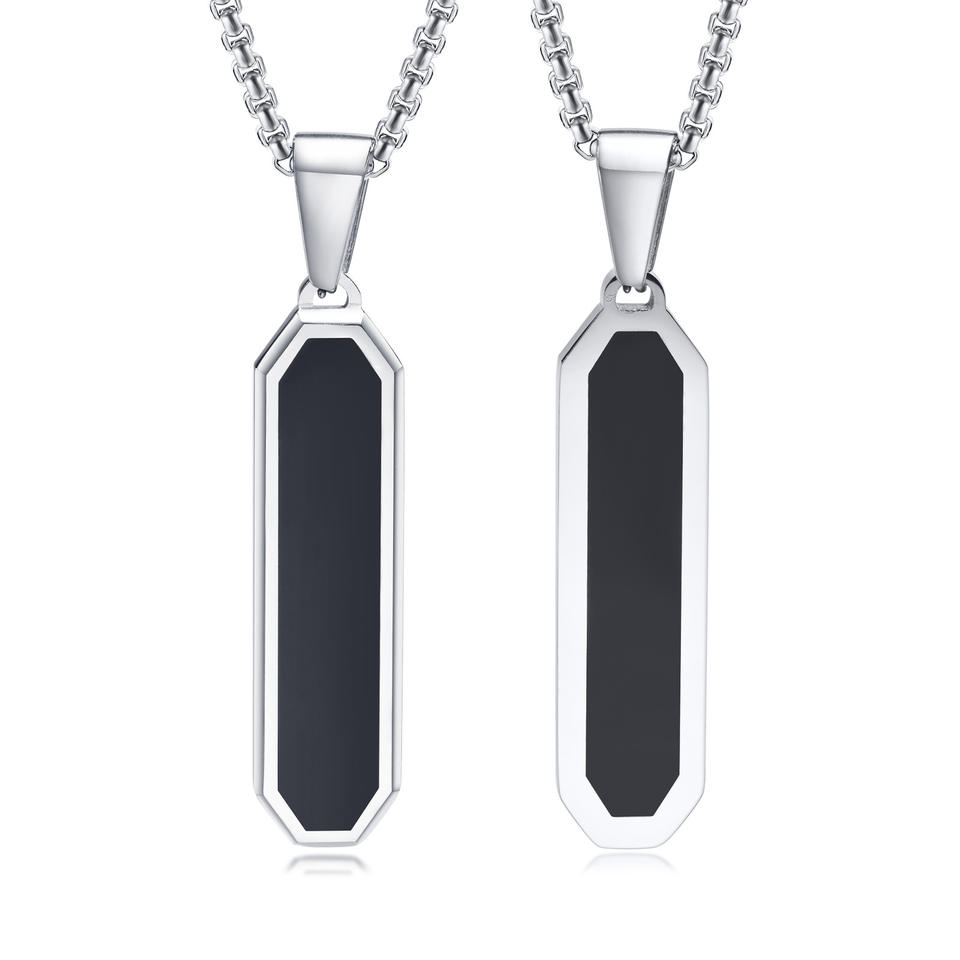 Gold Jewelry Simple Black Men Stainless Steel Bead Chain Necklace Rectangle Geometric Pendant Necklace