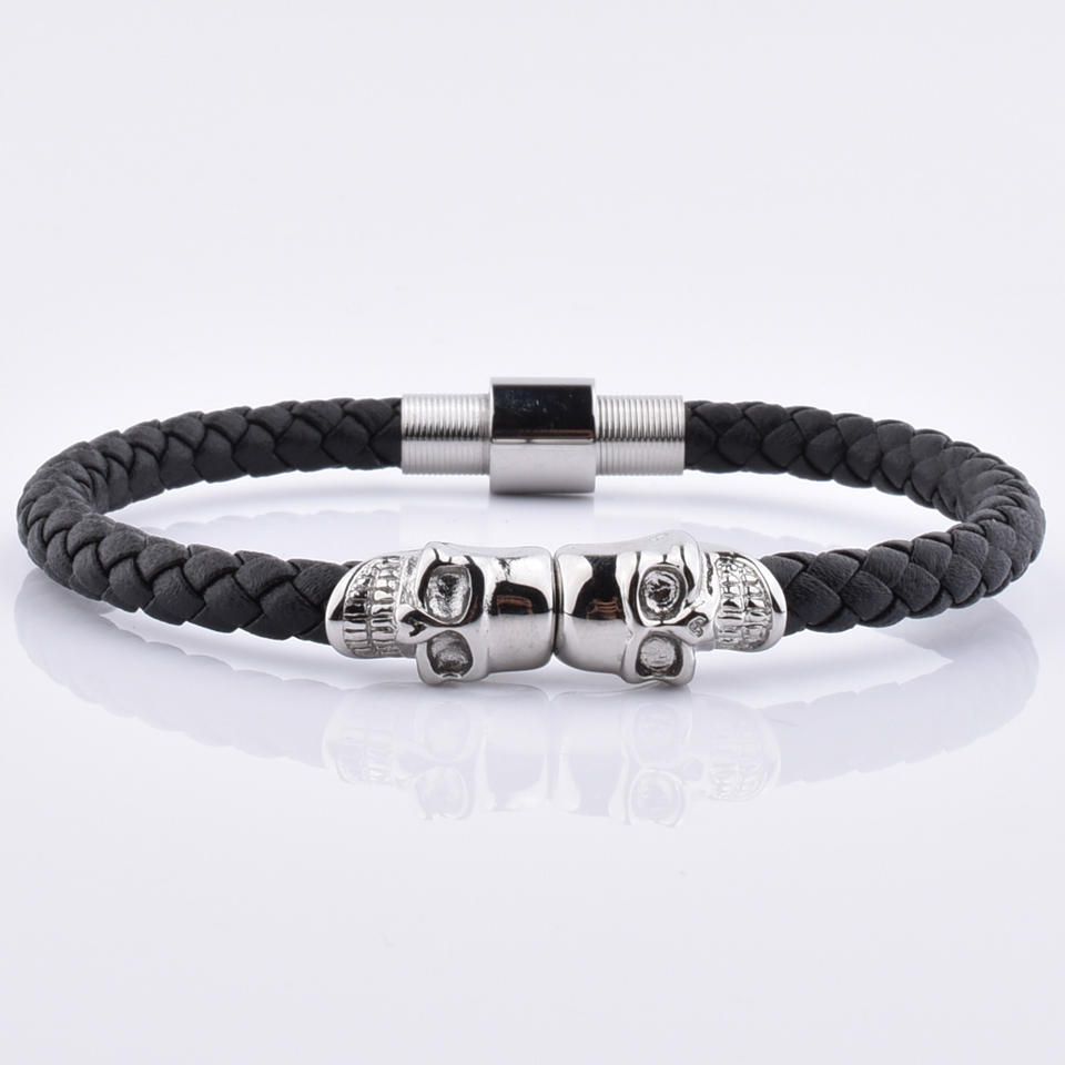Fashion Jewelry Black Real Leather Skull Bracelet With Vintage Steel Clasp Hiphop Leather Skull Bracelet