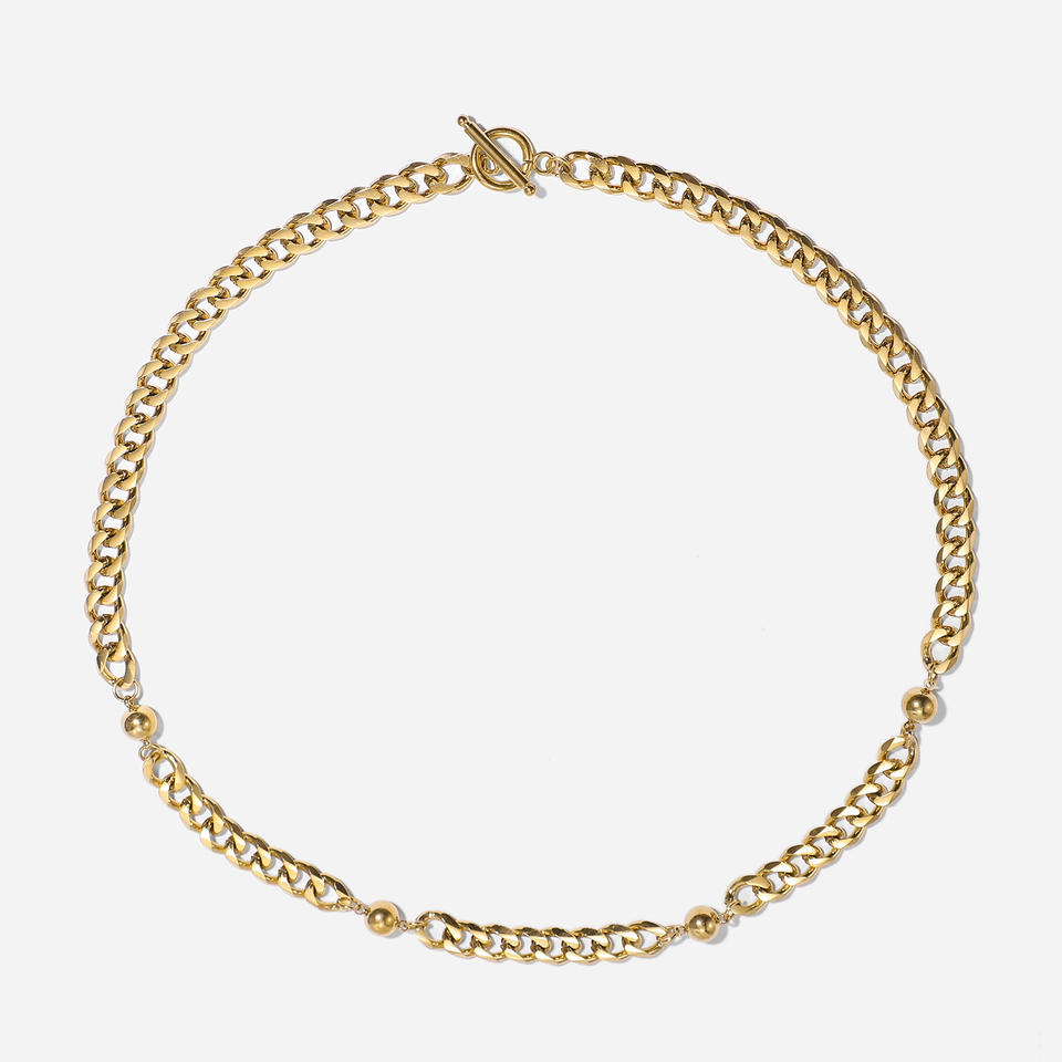 14K Gold Plated Cuban Chain Four Bead Necklace Stainless Steel Ot Buckle Bead Fashion Item Chain Jewelry