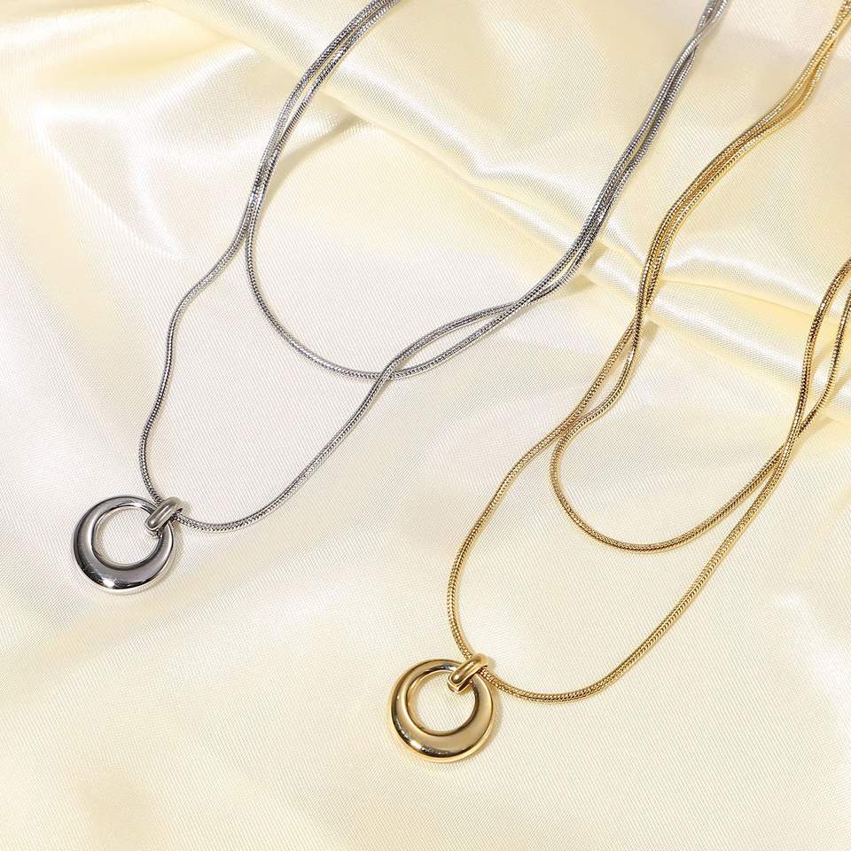 Stainless Steel 14K Gold/Steel Color Hollow Round Pendant Double Layer Snake Chain Necklace