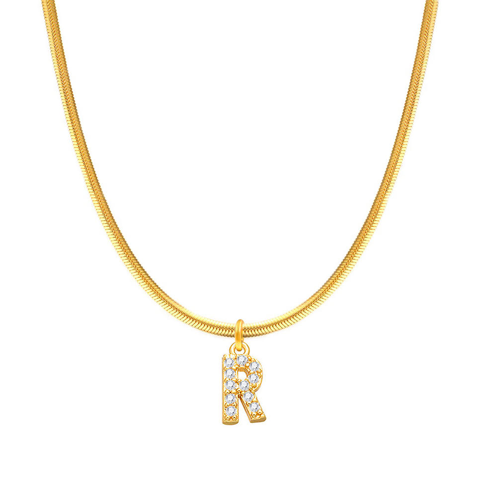 Wholesale 18K Gold Plated Stainless Steel 3Mm Snake Chain 26 Letter Diamond Pendant Necklace