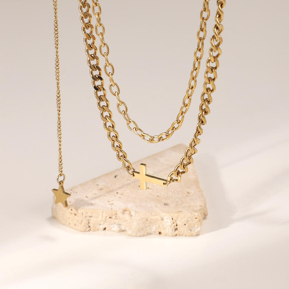 Popular 14K Gold Stainless Steel Cross And Star Pendant Single Chain Double Layer Necklace