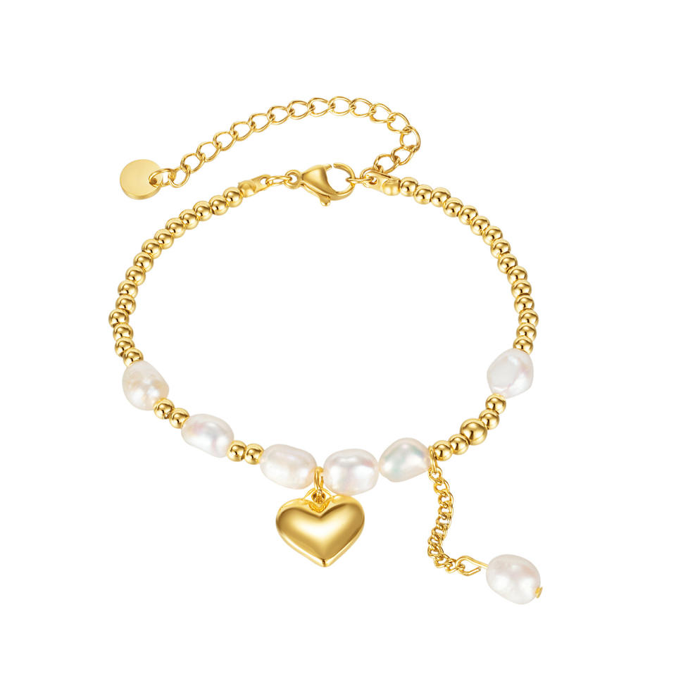 Simple Fashion Versatile Stainless Steel Heart Pendant Freshwater Pearl Bead Chain Bracelet