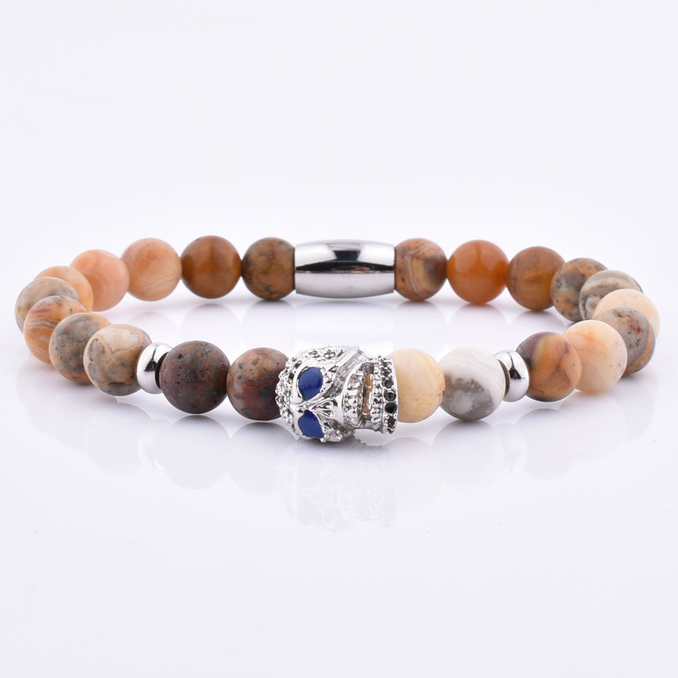 Natural Gemstone Jewelry Custom Charm Agate Elastic Stainless Steel Gem Skull Bead Bracelet