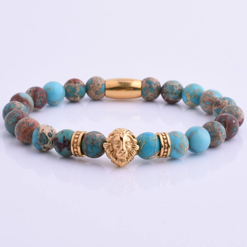 2022 New Jewelry Stainless Steel Gold Lion Bead Men Natural Imperial Jasper Stone Bracelets