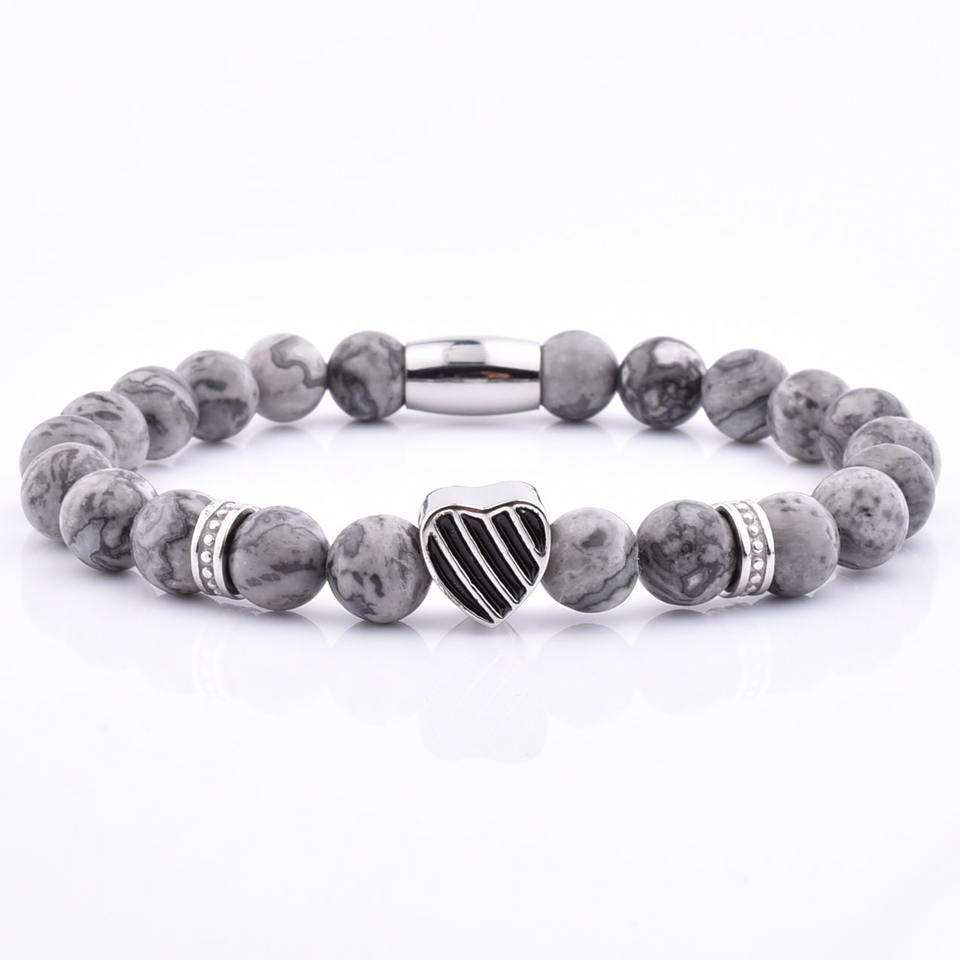 Women Stainless Steel Silver Heart Charm Grey Jasper Stone Bracelet Jewelry