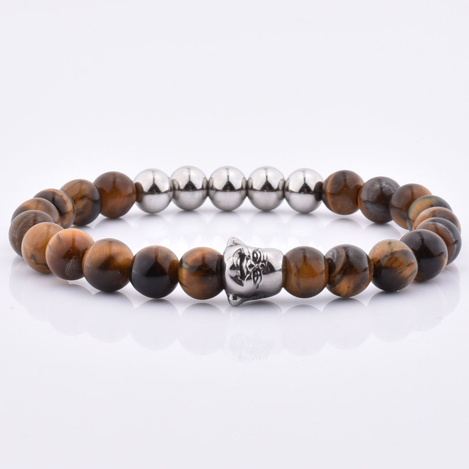 High Quality 316L Stainless Steel Buddha Head Yellow Tiger Eye Stone Beaded Bracelet For Men