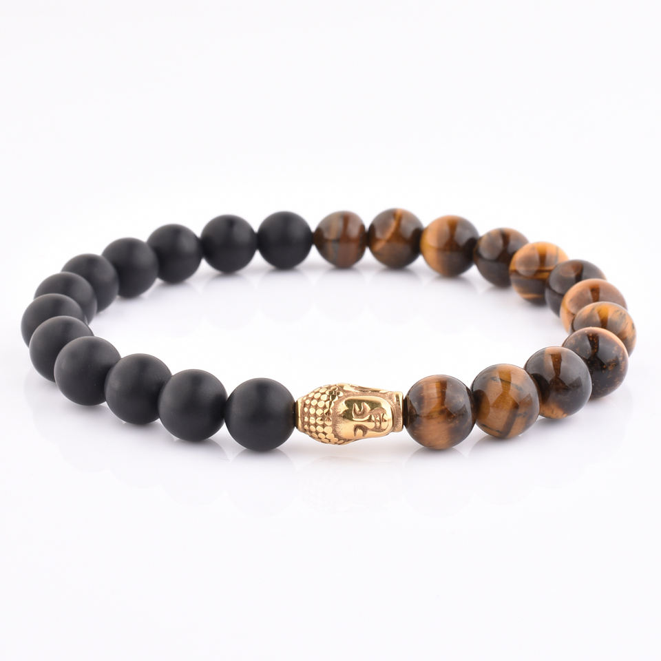 Fashion Jewelry High Polish Tiger Eye Onxy Gemstone Buddha Beads Bracelet