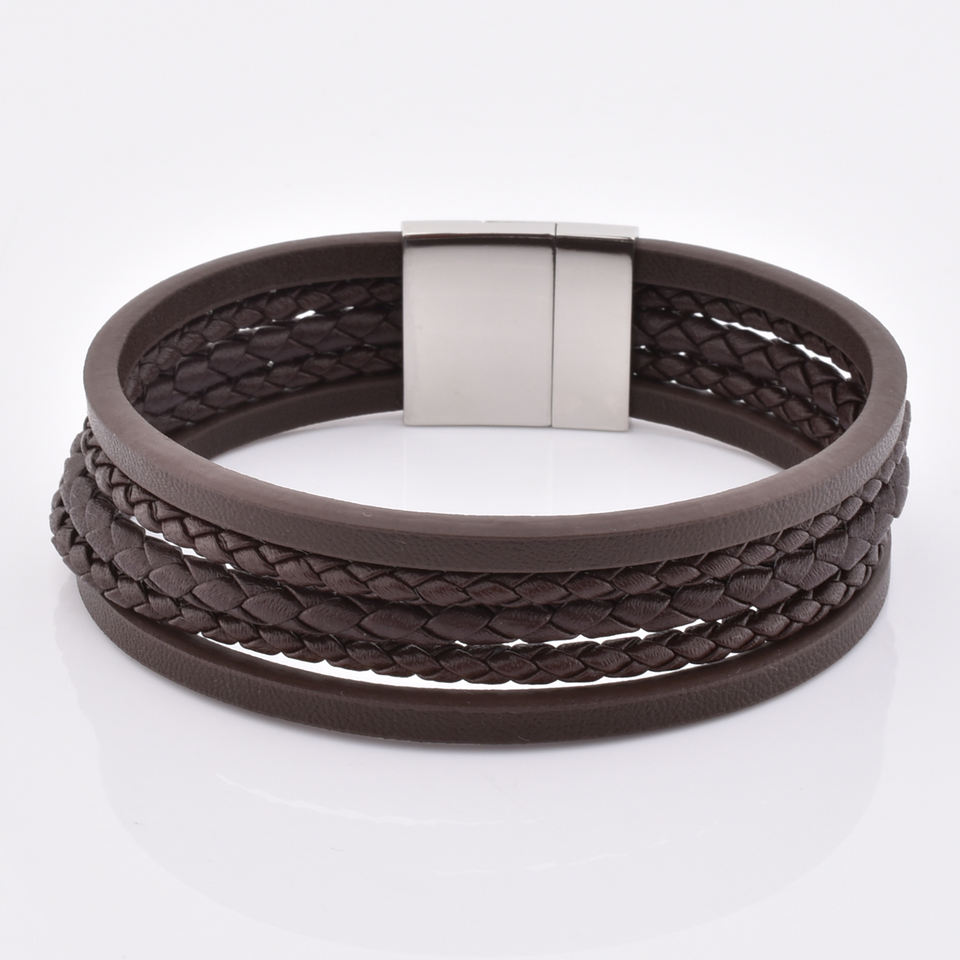 Nautical Multilayer Brown Real Leather Custom Stainless Steel Clasp Warp Bracelet For Men
