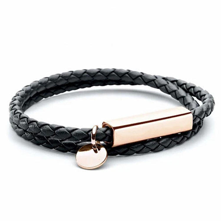 Simple Style Latest Design Mens Braided Genuine Leather Rose Gold Clasp Bracelet
