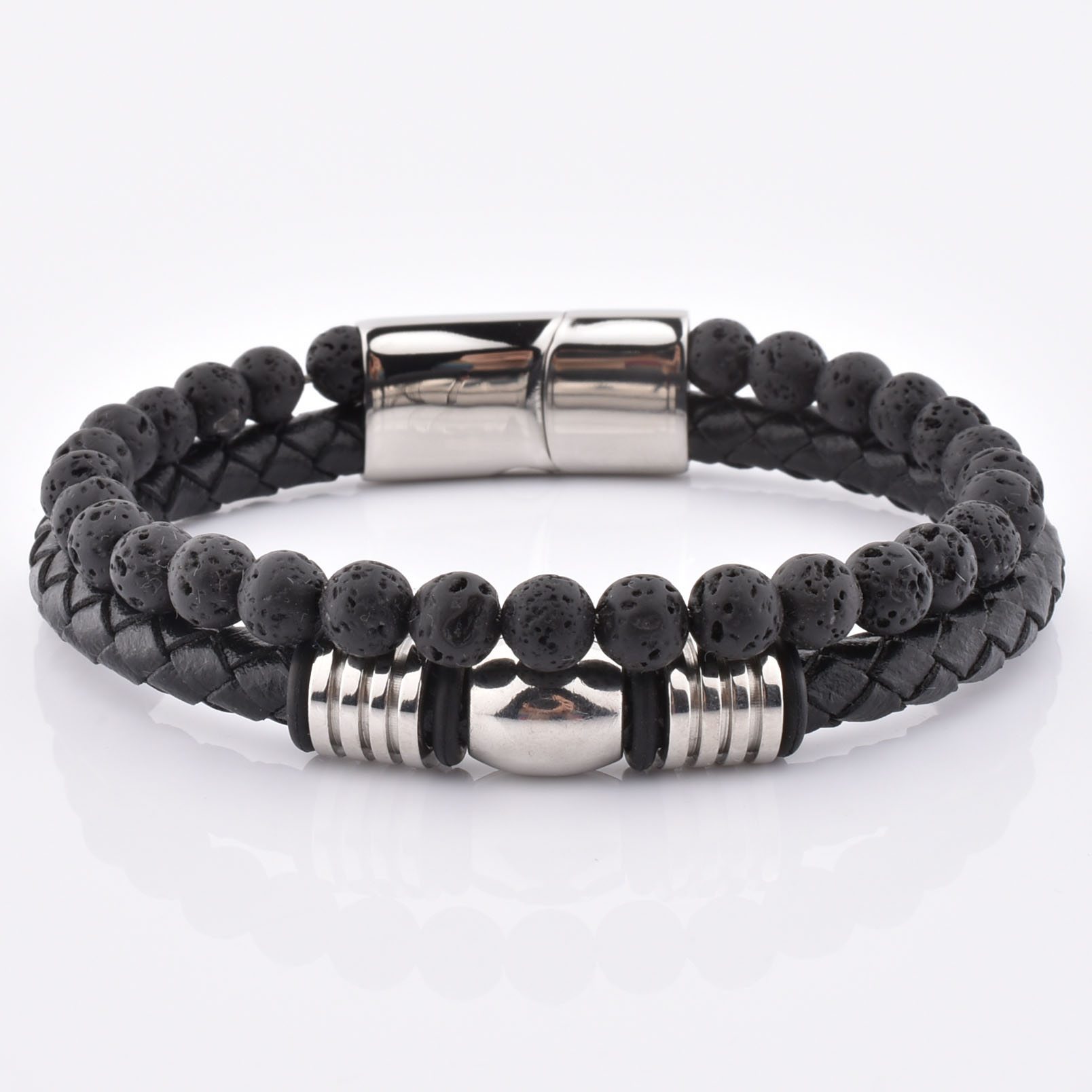 Men Fashion Double Skull Magnetic Leather Wrap Yellow Tiger Eye Bead Bracelet
