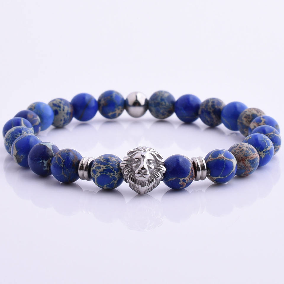 Fashion Imperial Jasper Gemstone Stainless Steel Lion Head Charm Bead Bracelet
