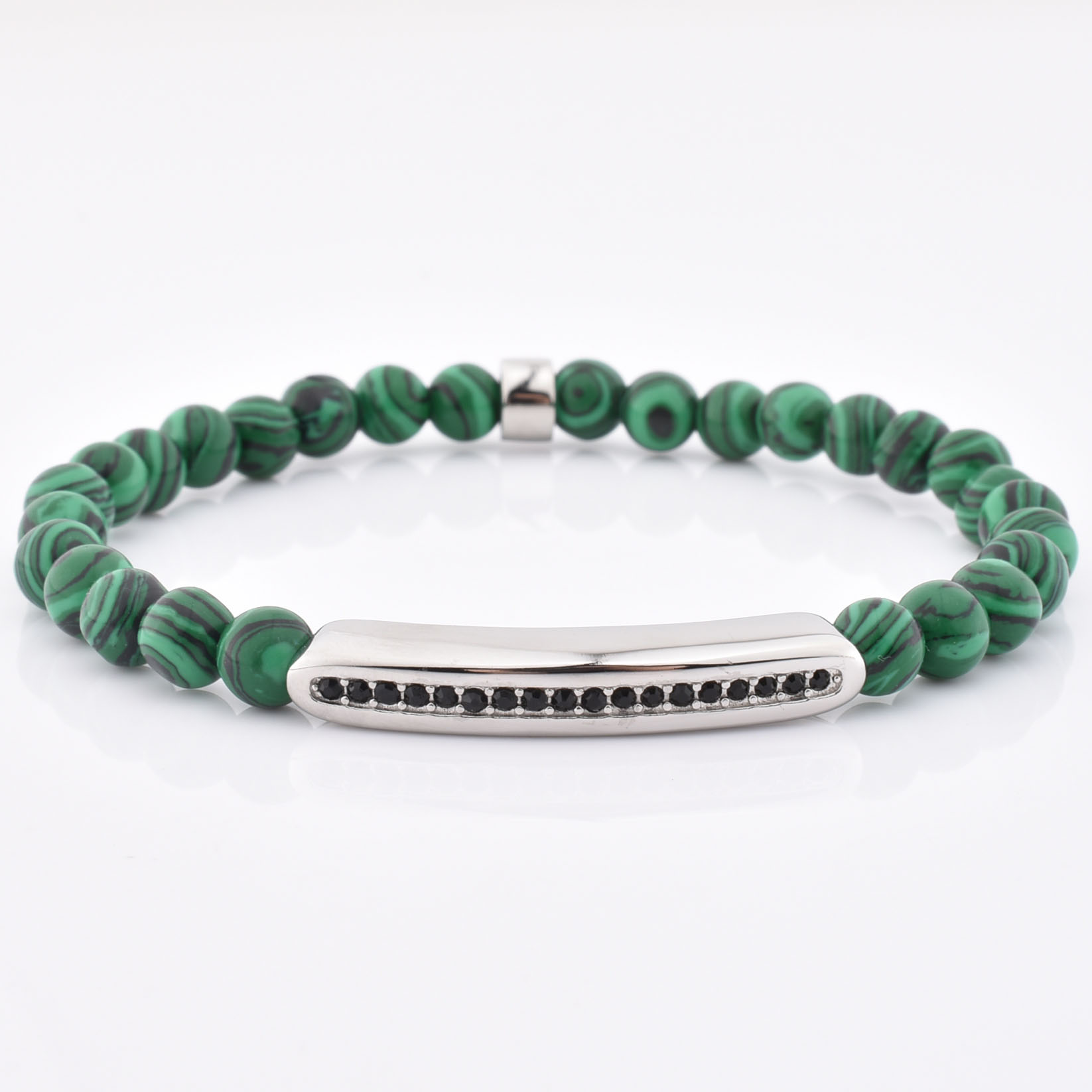 Silver Charm Black Diamond Beaded Jewelry Stretch Malachite Stone Bracelet