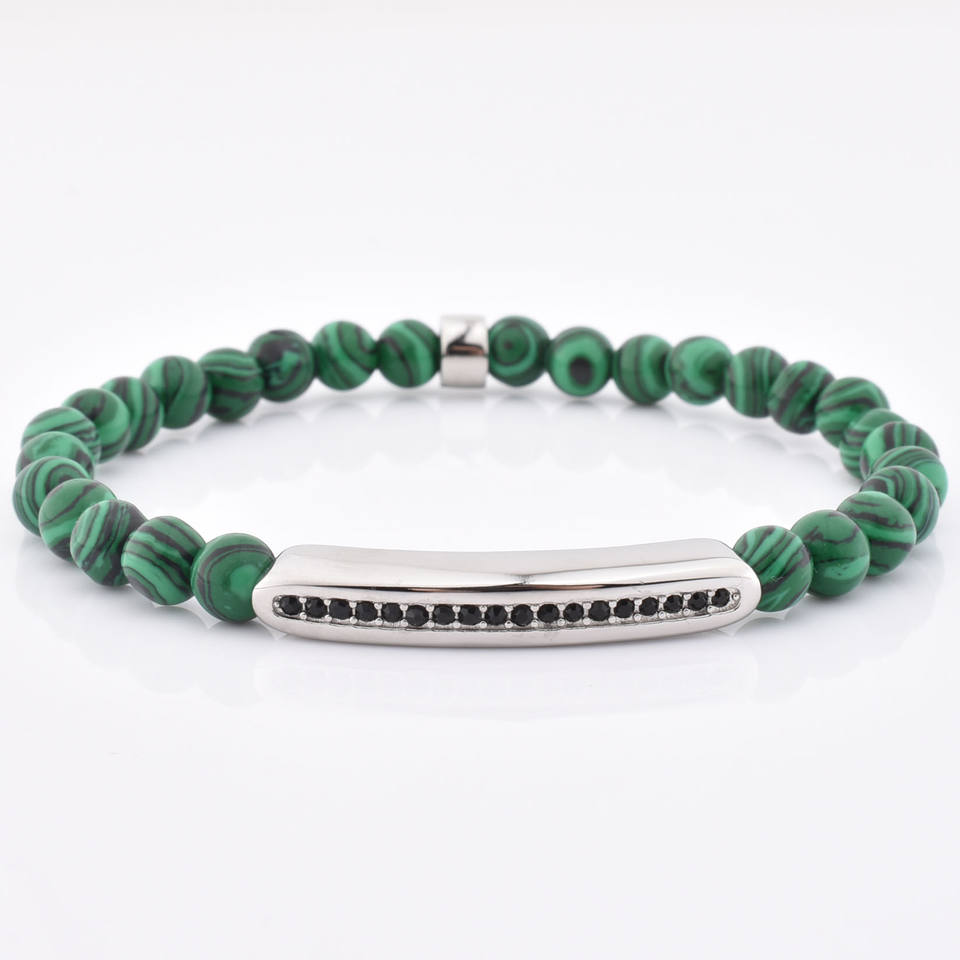 Silver Charm Black Diamond Beaded Jewelry Stretch Malachite Stone Bracelet