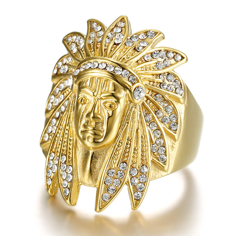 Drop Shipping Stainless Steel Gold Plated Rhinestones Indian Aboriginal Chief Men's Ring