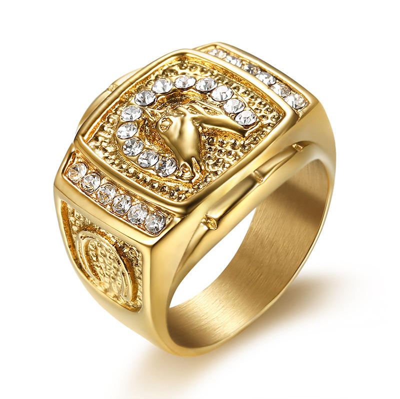 Environmentally Friendly Hiphop Jewelry Titanium Steel Gold-Plated Diamond Horse Head Ring For Men