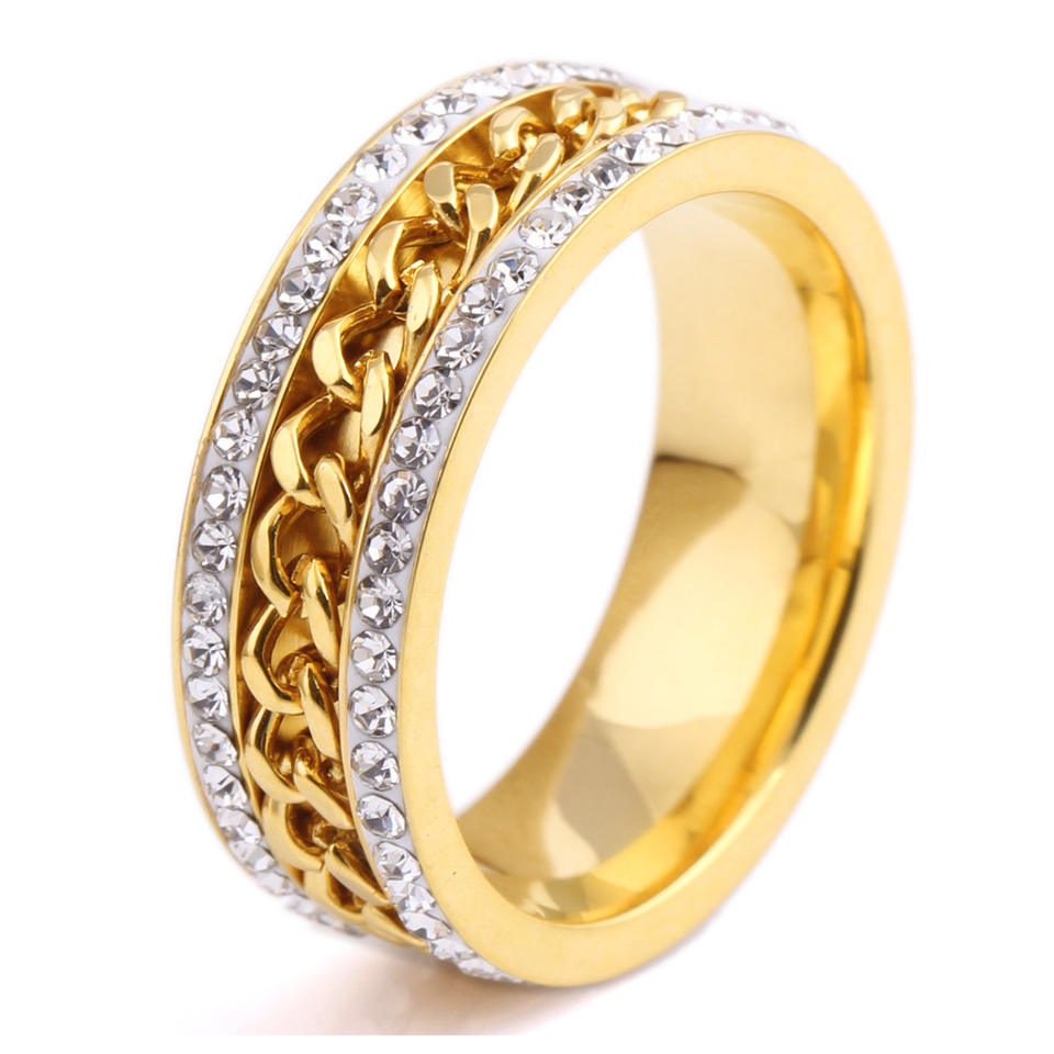 2023 Fashion Men Gold Titanium Steel Twist Chain With Cz Stone Finger Ring Twist Stainless Steel Band Rings