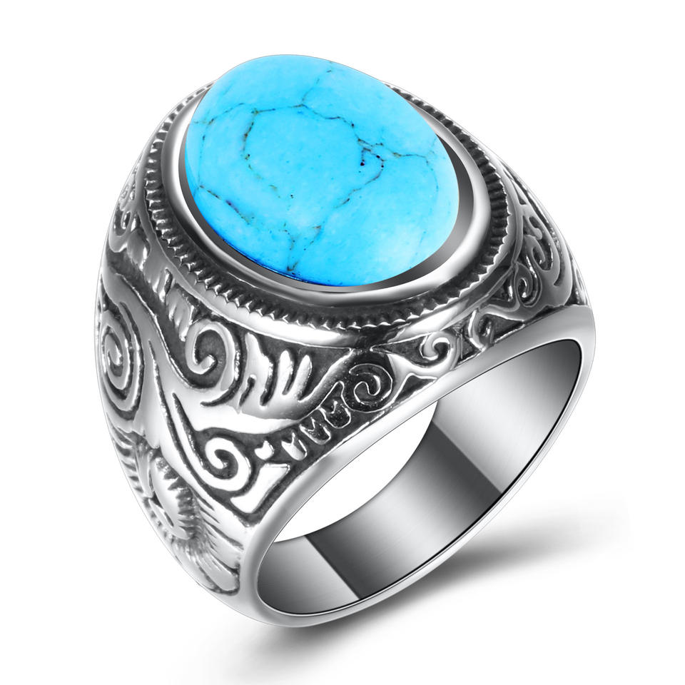 Custom Fashion Man Punk Jewelry Natural Turquoise Stone Vintage Stainless Steel Rings For Men