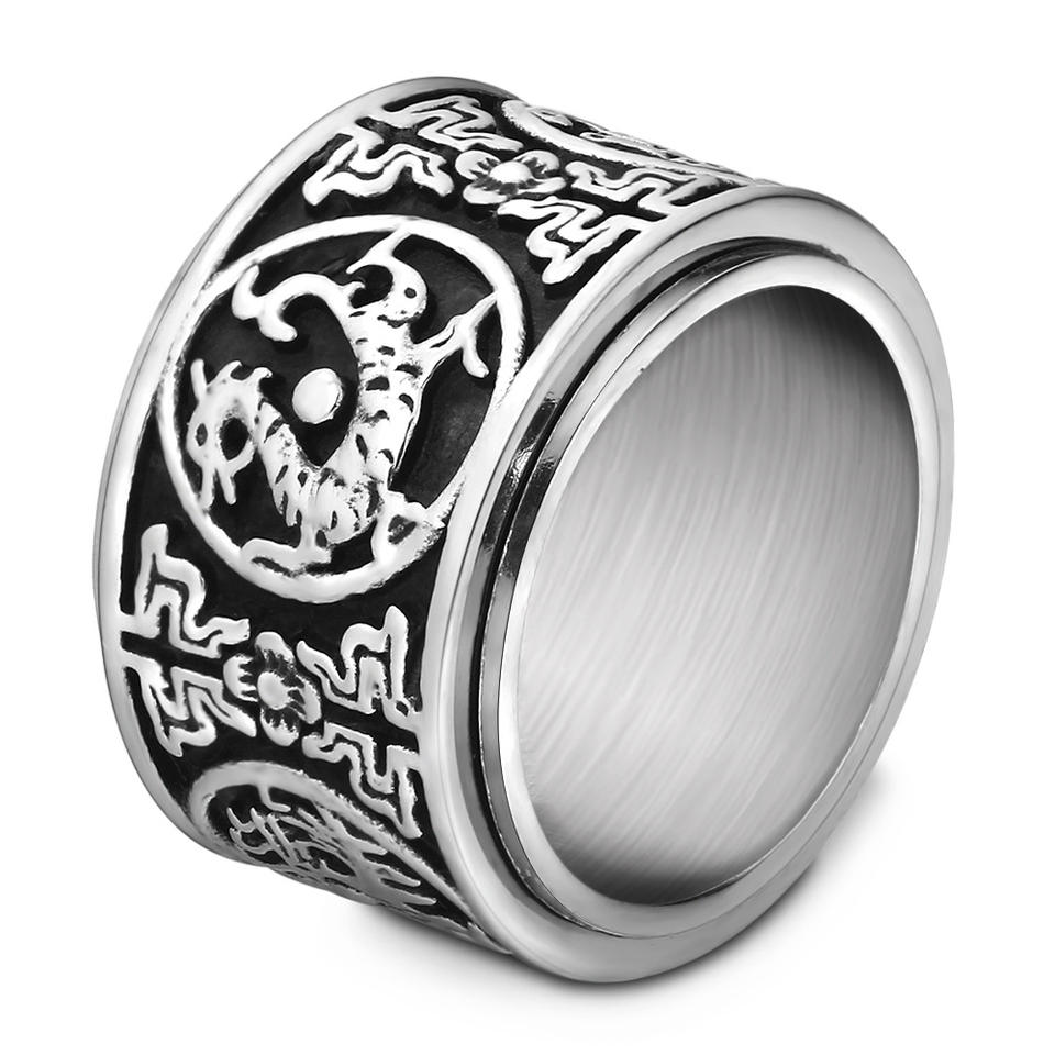 New Four Great God Beast Ring 316L Stainless Steel Double Dragon Rotating Ring For Men
