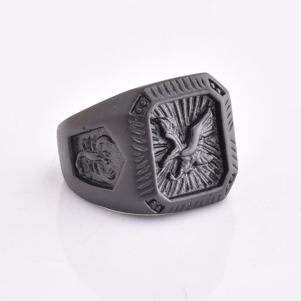 Men's Retro Solid Glossy Square Black Silver Large Stainless Steel Rings Eagles ring