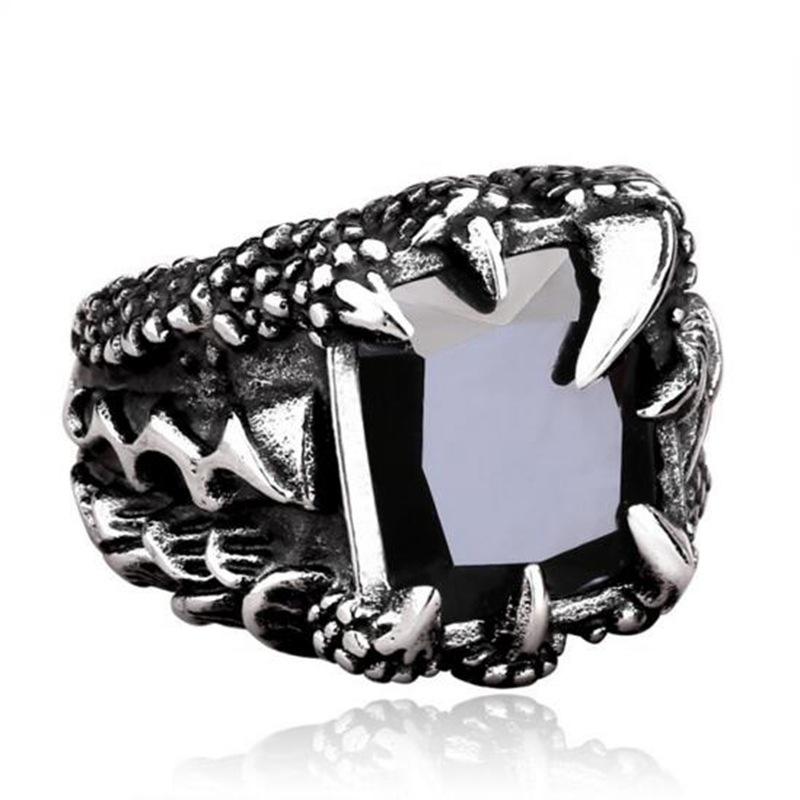 New Fashion Retro Style 316L Stainless Steel Gothic Dragon Claw Men Ring Red Gemstone Rings