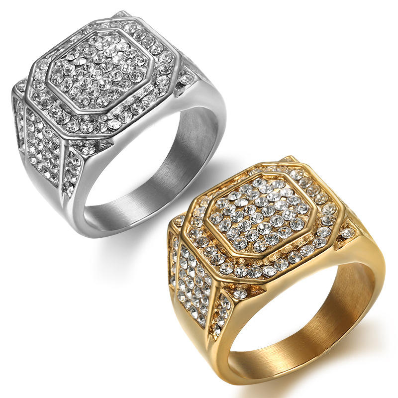 Hot Selling Style 316 Stainless Steel Titanium Steel Gold Plated Full Diamond Luxury Hiphop Men'S Ring