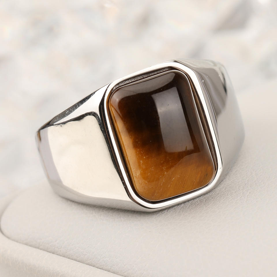 Simple Style Rectangular Titanium Steel Ring Stainless Steel Tiger Eye Gemstone Jewelry Ring for Men
