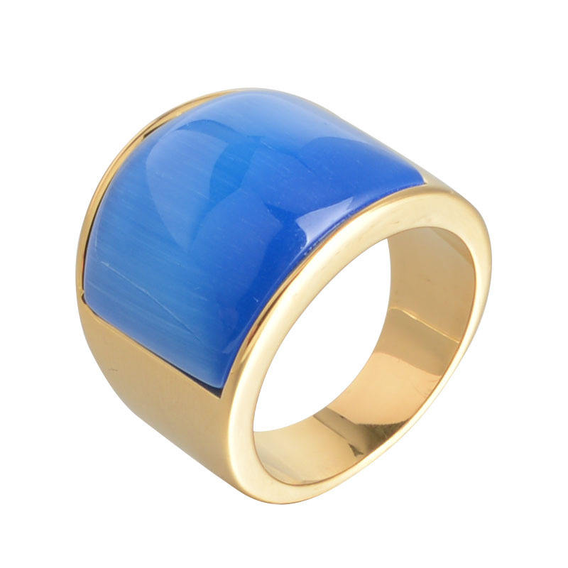 Colorful Birthstone Opal Titanium Curved Artificial Stone Stainless Steel Ring With Ip Gold Plating