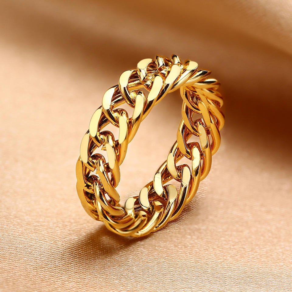 Waterproof Non Tarnish Gold Jewelry 18K Gold Plated Titanium Steel Metal Hollow Chain Twist Ring Cuban Link Ring For Women